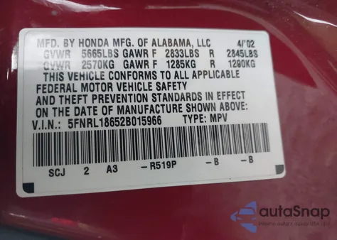 2002 Honda Odyssey Ex from USA, damaged, VIN 5FNRL18652B015966